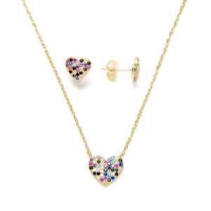 Conjunto en Plata de Ley Rodiada Circonitas de Colores Corazon Baño Oro
