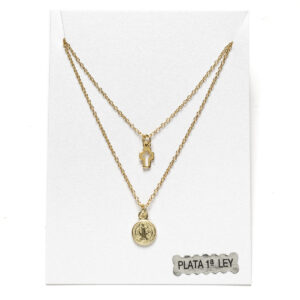 Collar Doble Cadena en Plata de Ley y Baño Oro Cruz y San Benito