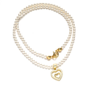 Collar en Plata de Ley y Baño Oro Circonitas y Perlas 3mm Corazon v2